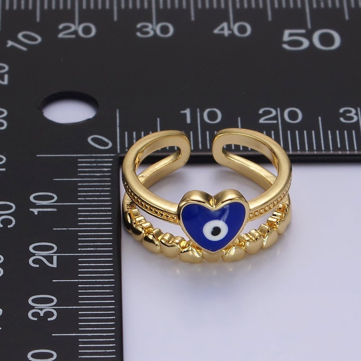 14K Gold Filled White, Blue Evil Eye Heart Beaded Double Band Ring | O-582 O-583
