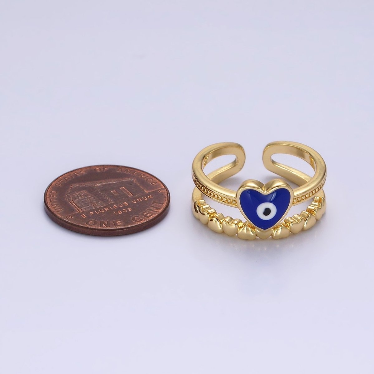 14K Gold Filled White, Blue Evil Eye Heart Beaded Double Band Ring | O-582 O-583