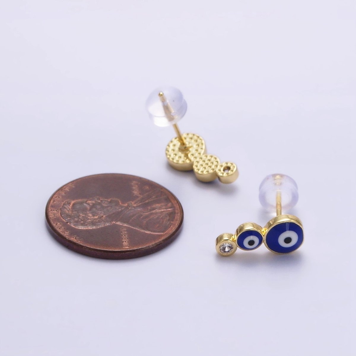 14K Gold Filled White, Blue Evil Eye Triple Bubble Clear CZ Stud Earrings | AE670 AE671