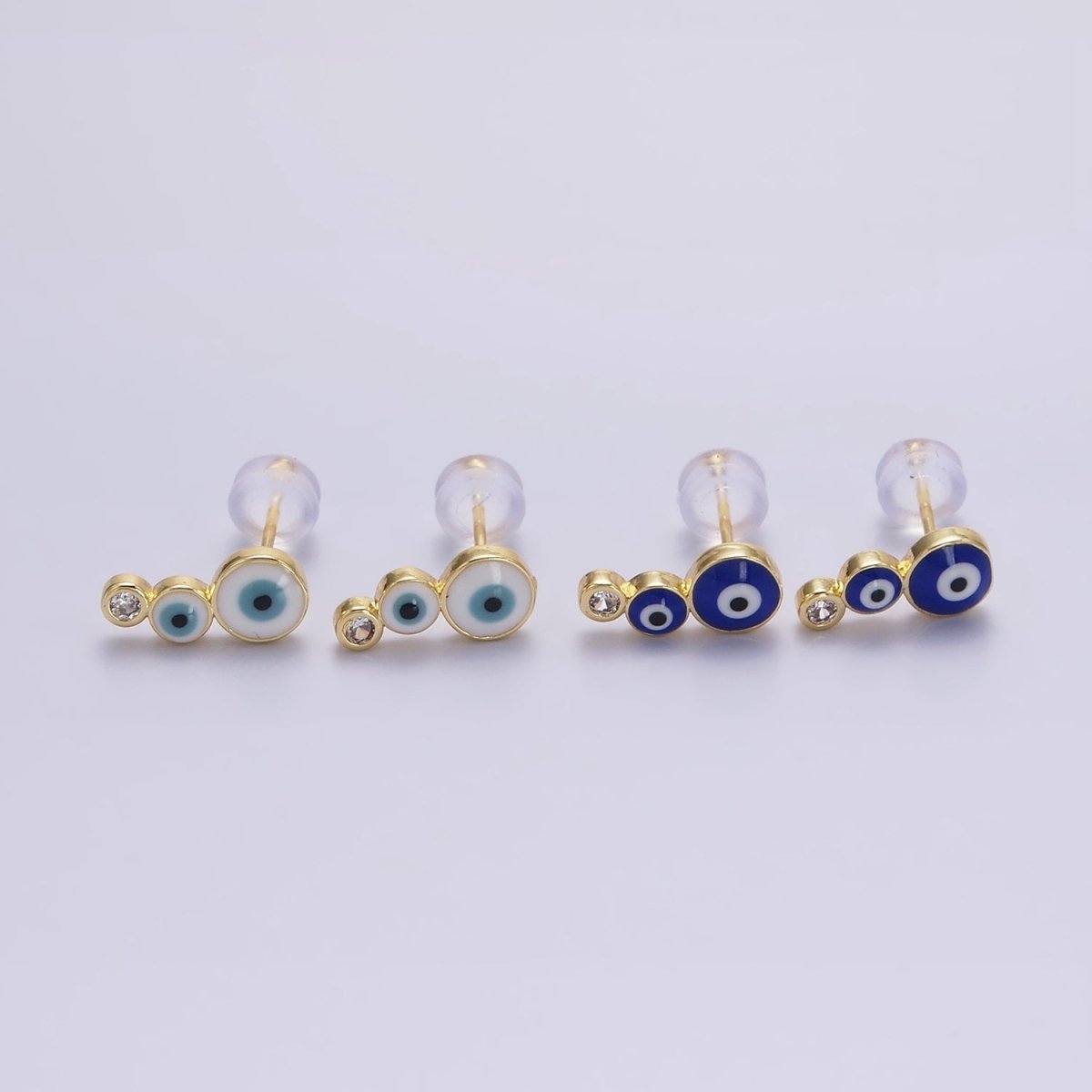 14K Gold Filled White, Blue Evil Eye Triple Bubble Clear CZ Stud Earrings | AE670 AE671