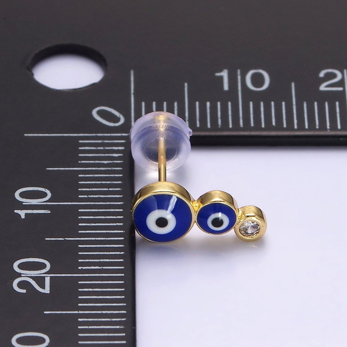 14K Gold Filled White, Blue Evil Eye Triple Bubble Clear CZ Stud Earrings | AE670 AE671