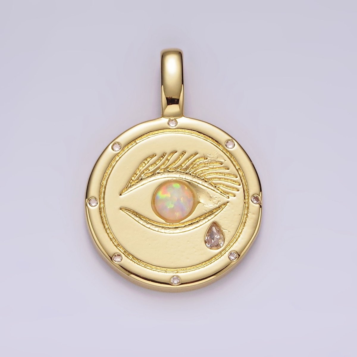 14K Gold Filled White, Blue Opal Eyes Teardrop CZ Dotted Outline Pendant | AH036 AH037