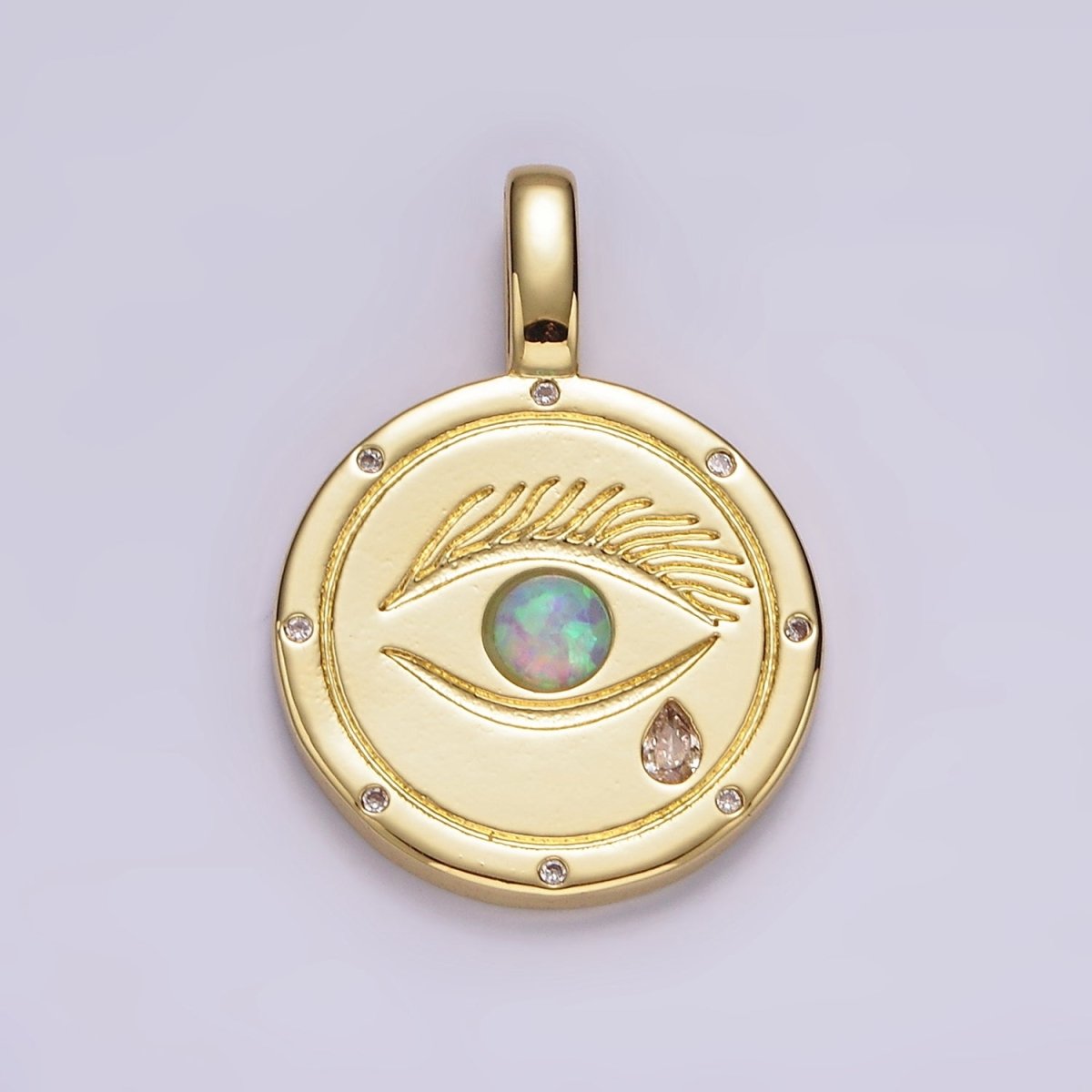14K Gold Filled White, Blue Opal Eyes Teardrop CZ Dotted Outline Pendant | AH036 AH037