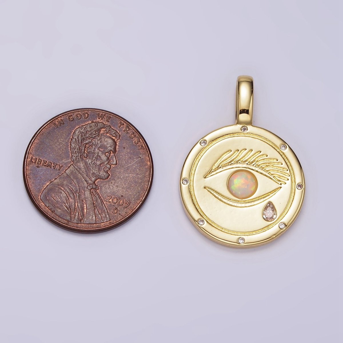 14K Gold Filled White, Blue Opal Eyes Teardrop CZ Dotted Outline Pendant | AH036 AH037