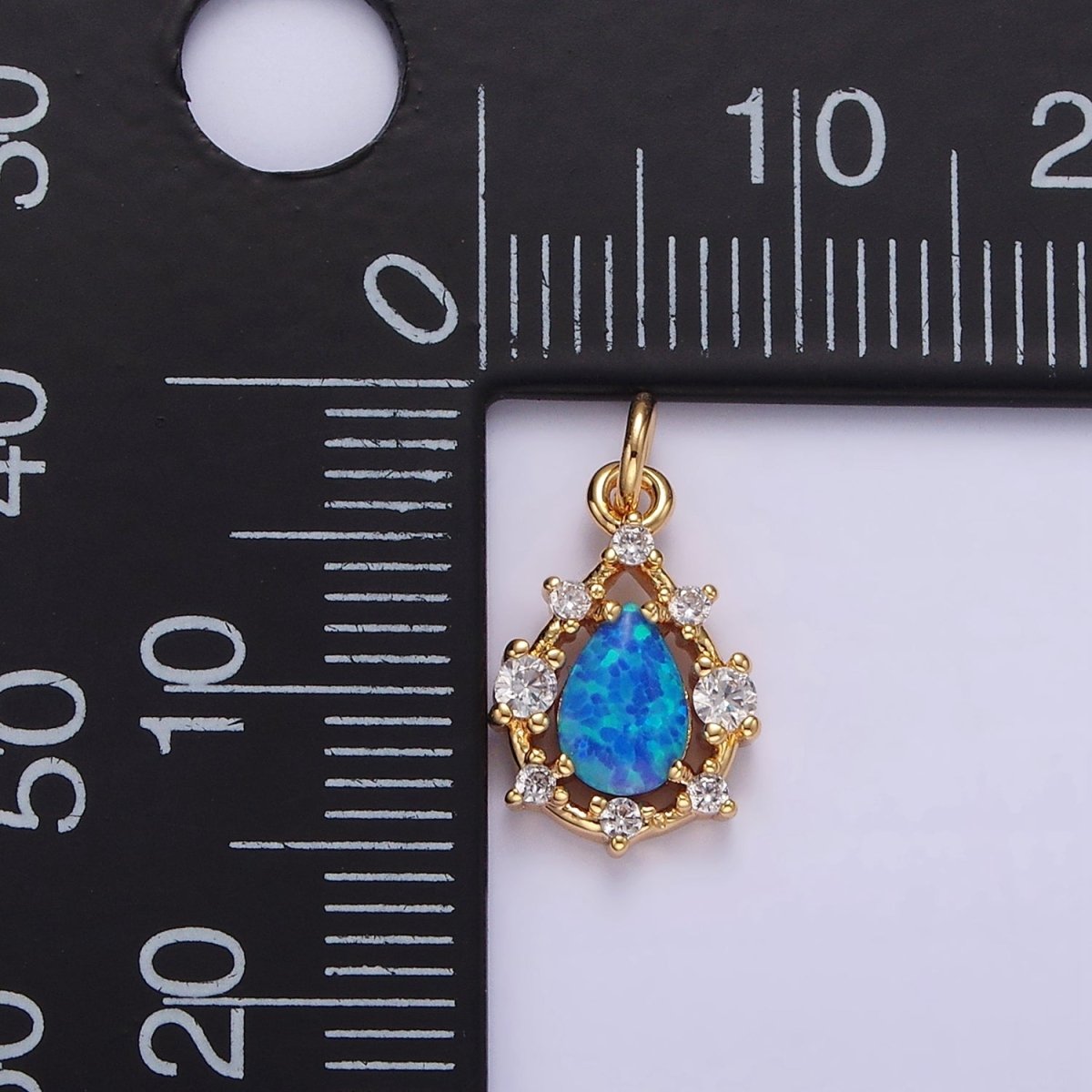 14K Gold Filled White, Blue Opal Teardrop CZ Dotted Outline Charm | AC817 AC818