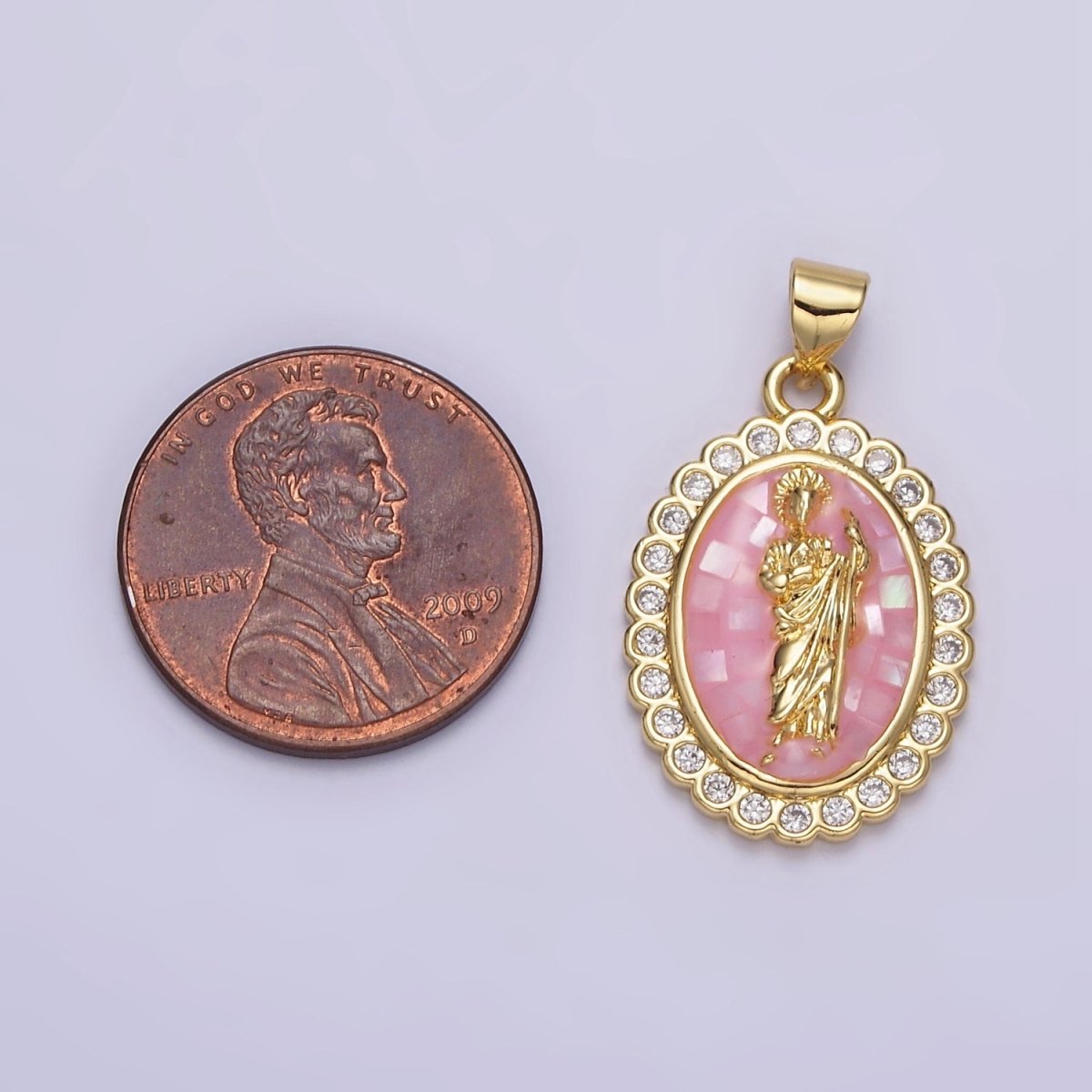 14K Gold Filled White, Blue, Pink, Green Religious Saint Jude CZ Dotted Outline Oval Pendant | N1774 - N1776
