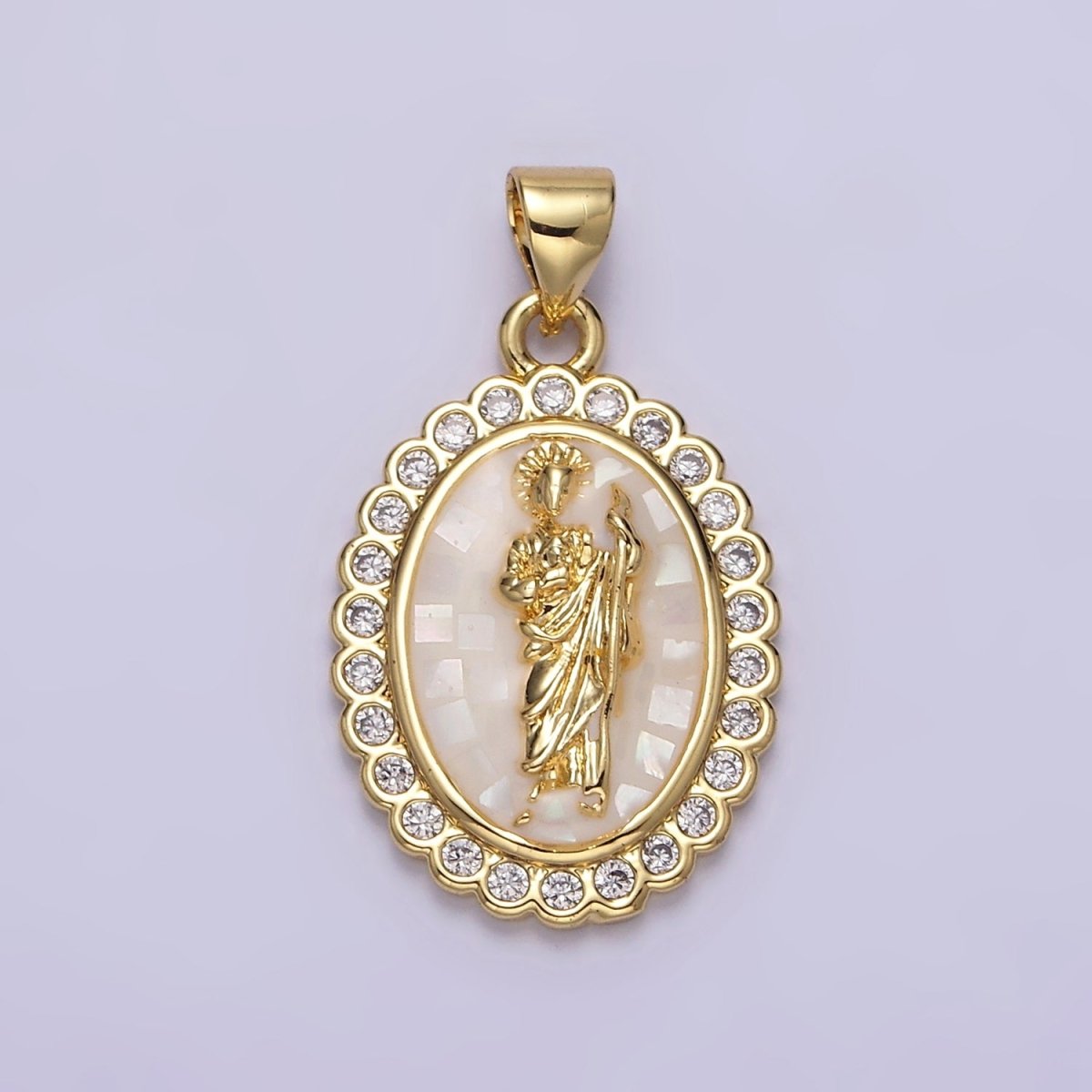 14K Gold Filled White, Blue, Pink, Green Religious Saint Jude CZ Dotted Outline Oval Pendant | N1774 - N1776