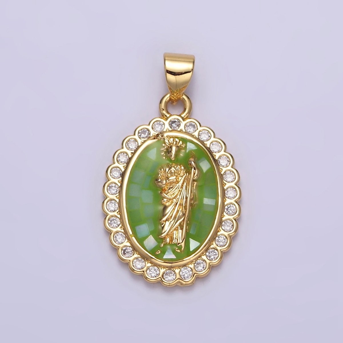14K Gold Filled White, Blue, Pink, Green Religious Saint Jude CZ Dotted Outline Oval Pendant | N1774 - N1776