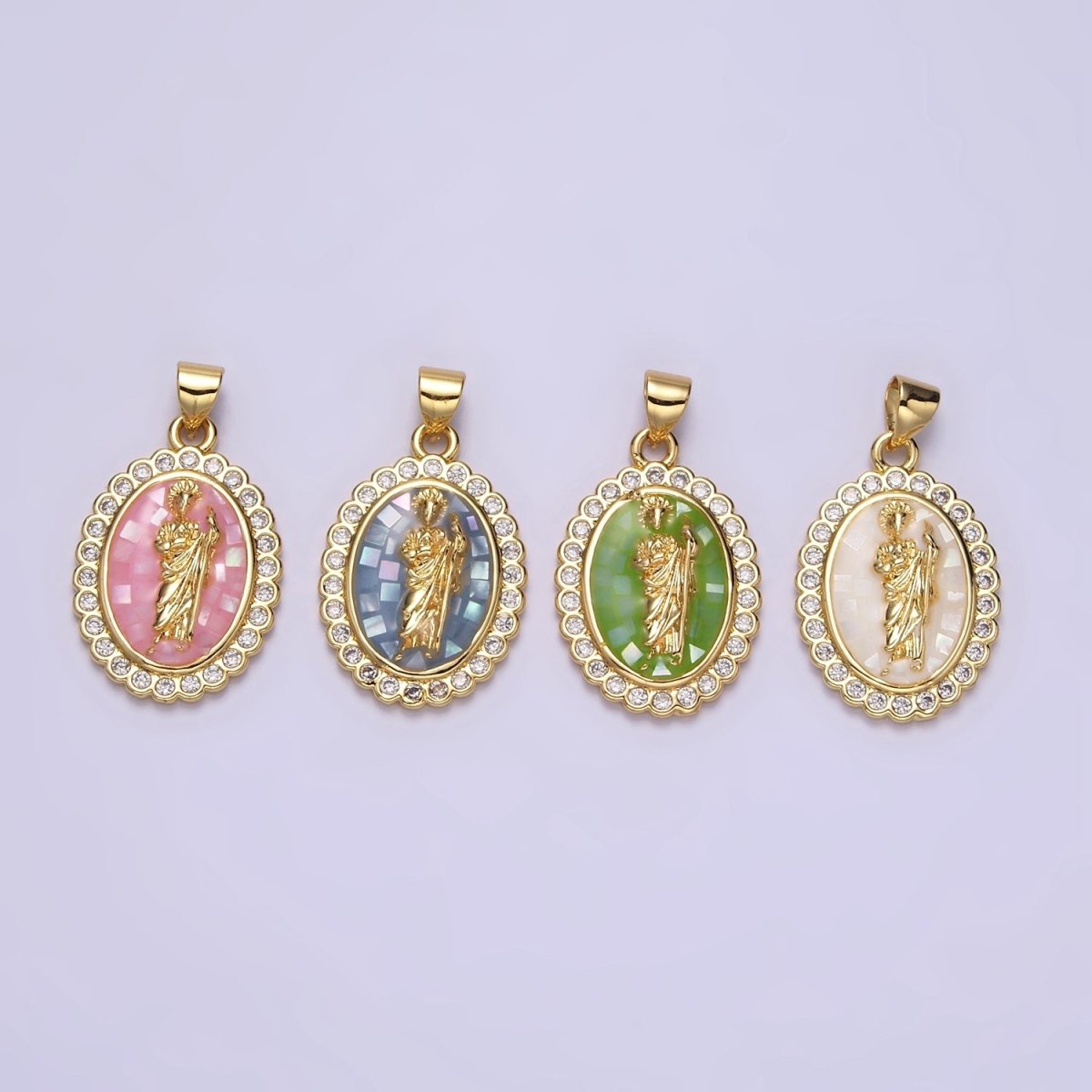 14K Gold Filled White, Blue, Pink, Green Religious Saint Jude CZ Dotted Outline Oval Pendant | N1774 - N1776