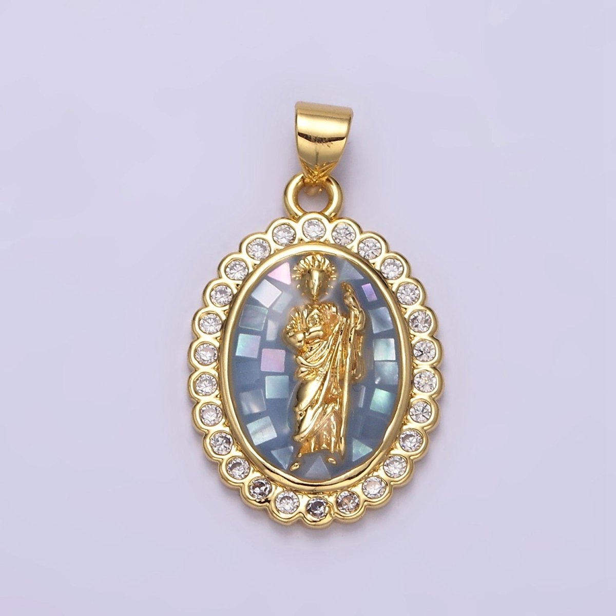 14K Gold Filled White, Blue, Pink, Green Religious Saint Jude CZ Dotted Outline Oval Pendant | N1774 - N1776