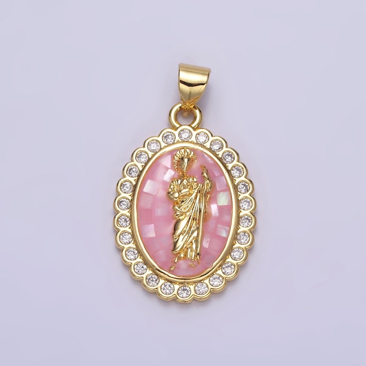 14K Gold Filled White, Blue, Pink, Green Religious Saint Jude CZ Dotted Outline Oval Pendant | N1774 - N1776