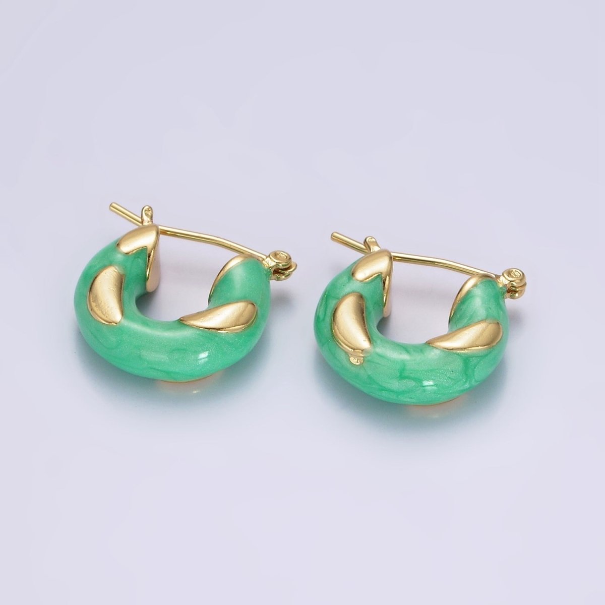 14K Gold Filled White, Blue, Purple, Pink, Green Enamel Curved Line Chubby Latch Hoop Earrings | V-234 - V-237