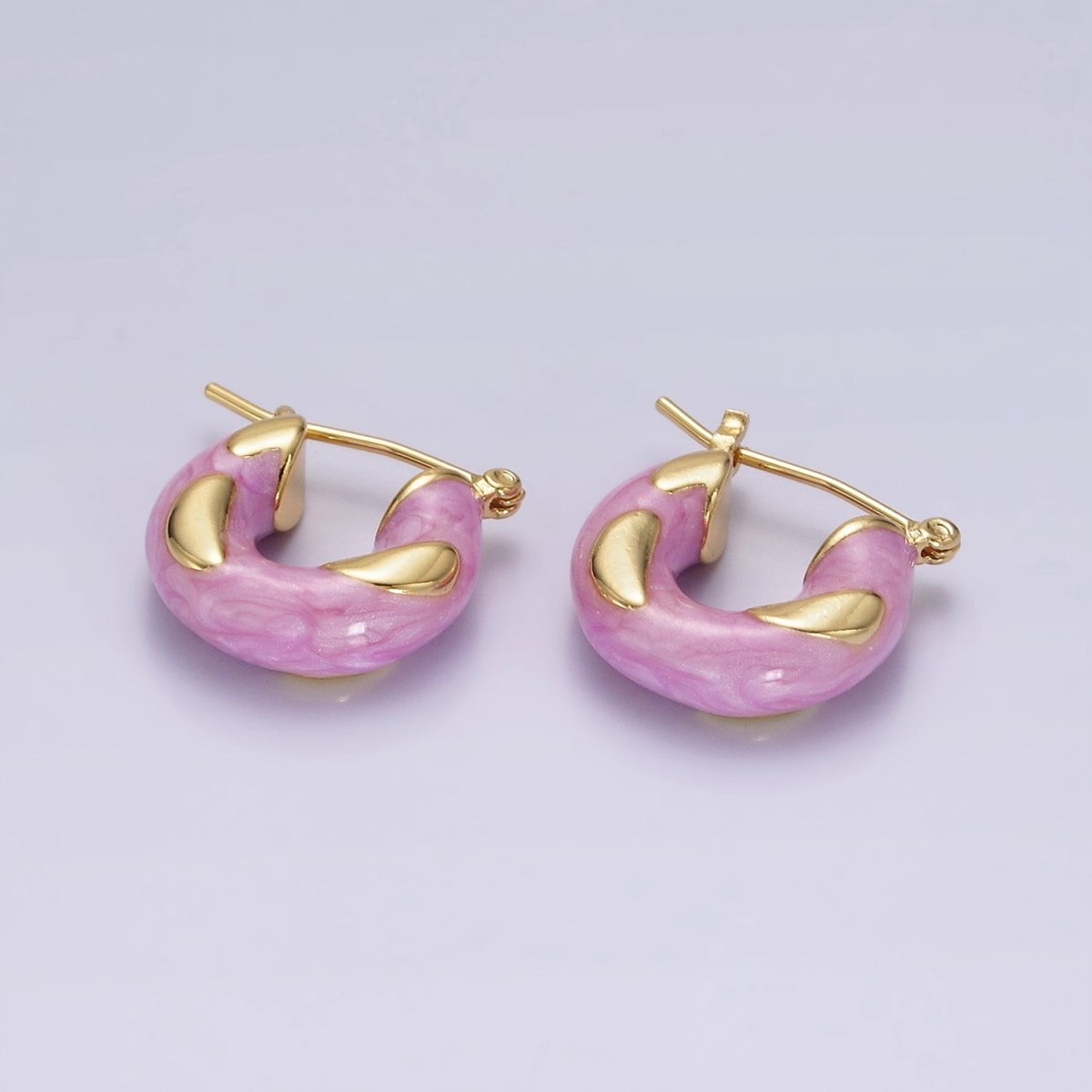 14K Gold Filled White, Blue, Purple, Pink, Green Enamel Curved Line Chubby Latch Hoop Earrings | V-234 - V-237
