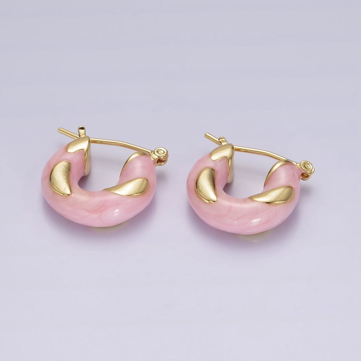 14K Gold Filled White, Blue, Purple, Pink, Green Enamel Curved Line Chubby Latch Hoop Earrings | V-234 - V-237
