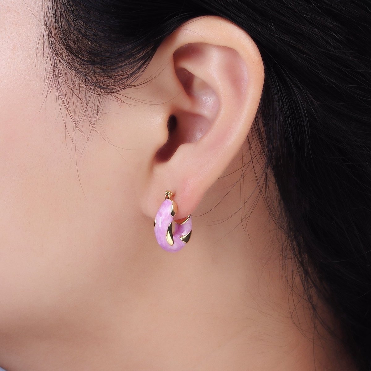 14K Gold Filled White, Blue, Purple, Pink, Green Enamel Curved Line Chubby Latch Hoop Earrings | V-234 - V-237