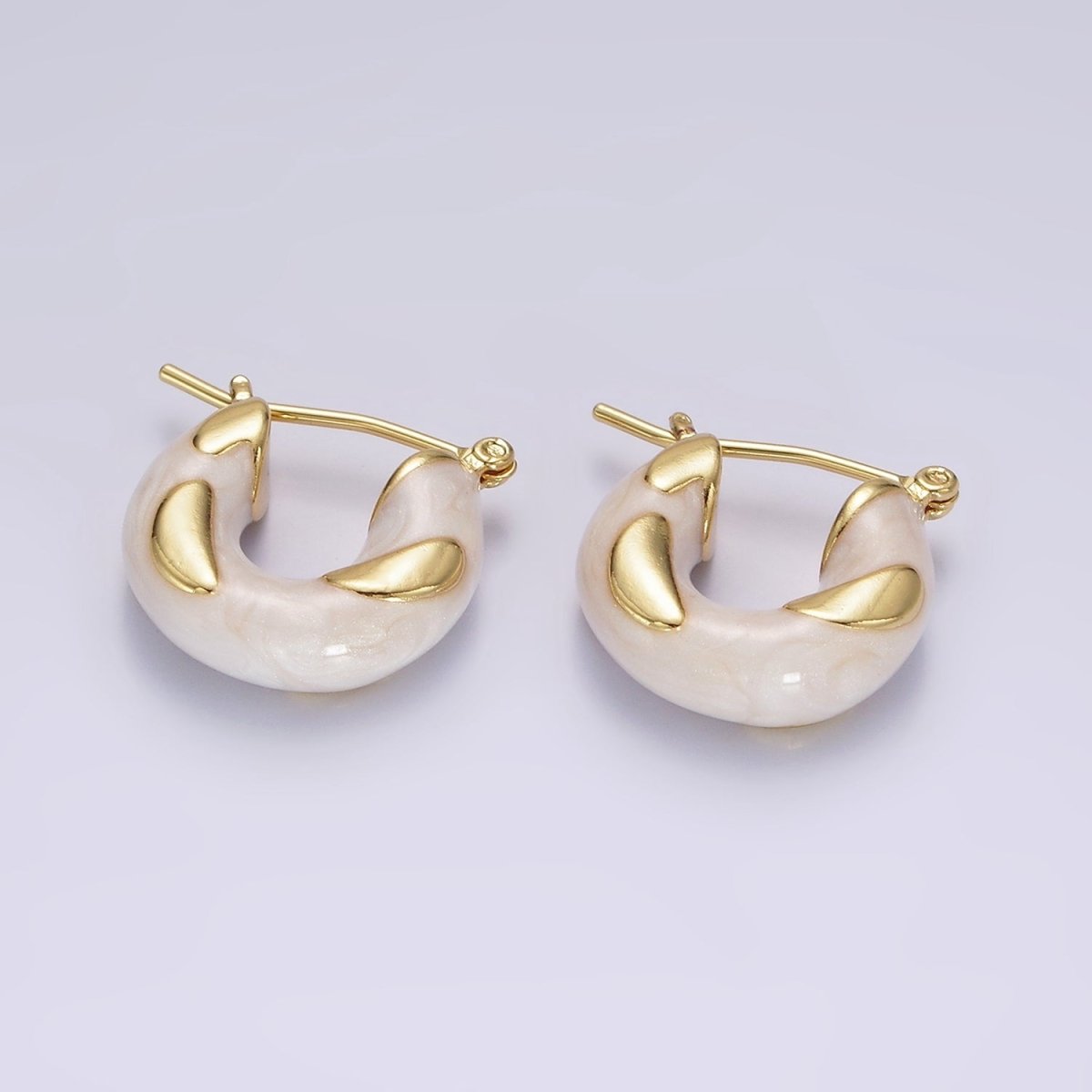 14K Gold Filled White, Blue, Purple, Pink, Green Enamel Curved Line Chubby Latch Hoop Earrings | V-234 - V-237