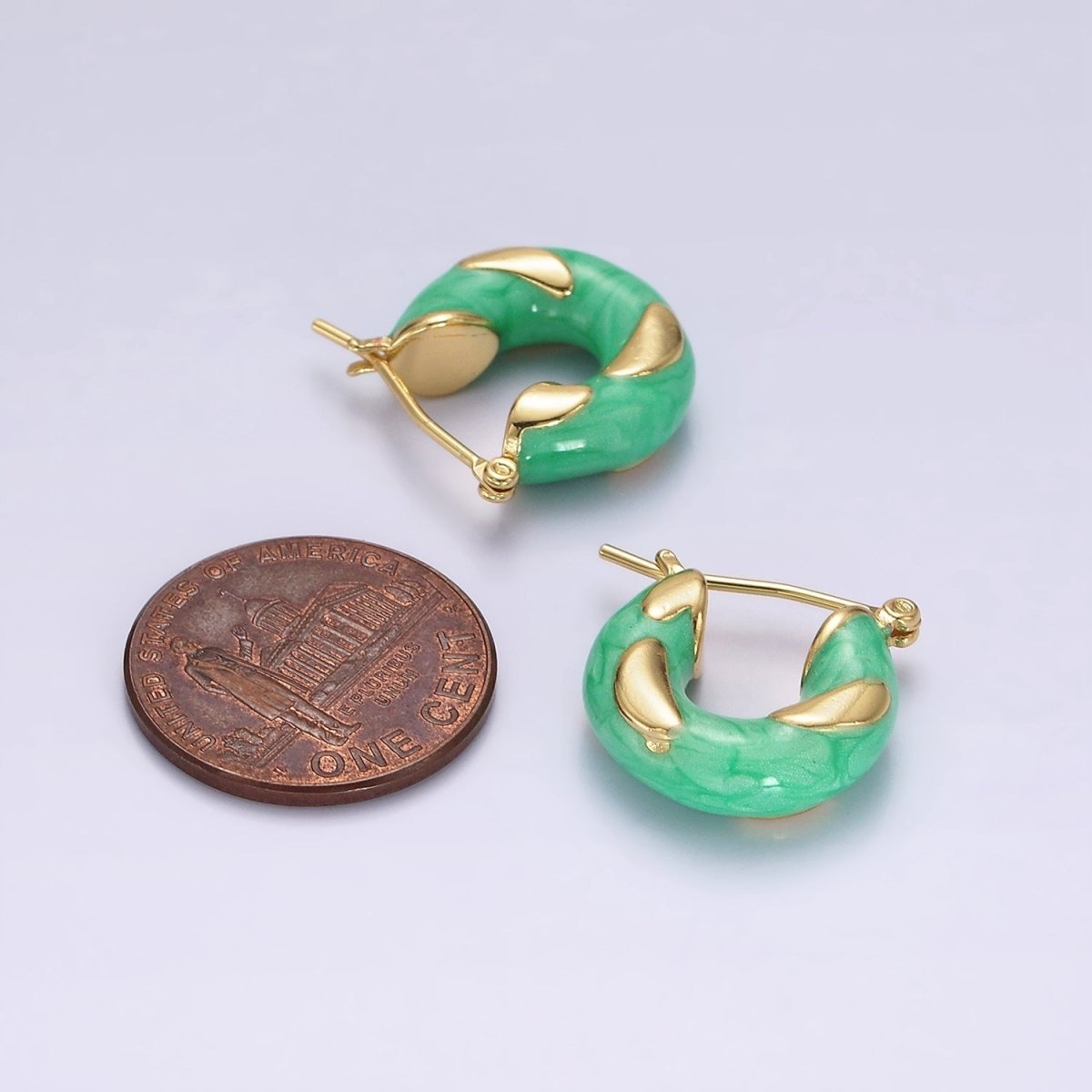 14K Gold Filled White, Blue, Purple, Pink, Green Enamel Curved Line Chubby Latch Hoop Earrings | V-234 - V-237