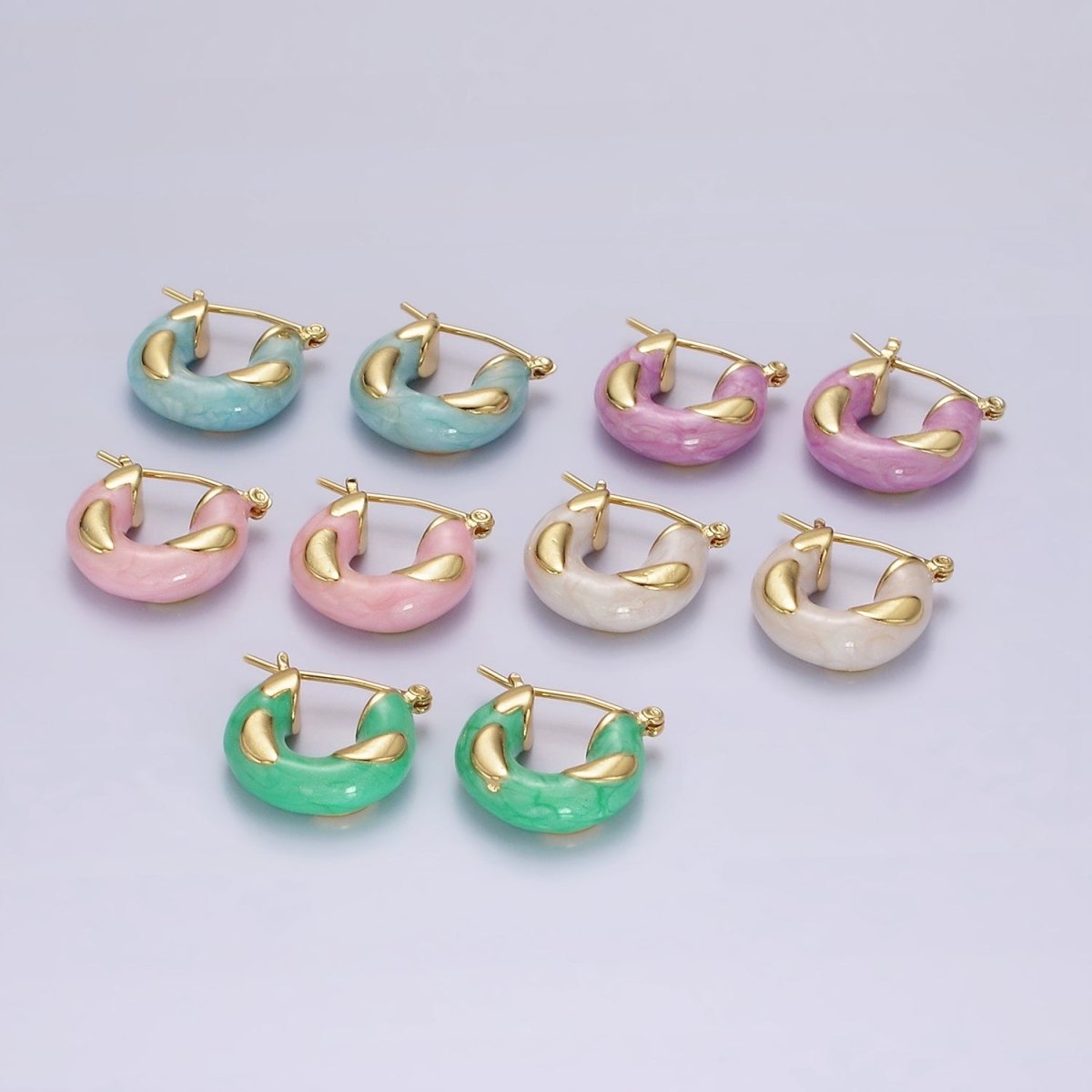 14K Gold Filled White, Blue, Purple, Pink, Green Enamel Curved Line Chubby Latch Hoop Earrings | V-234 - V-237