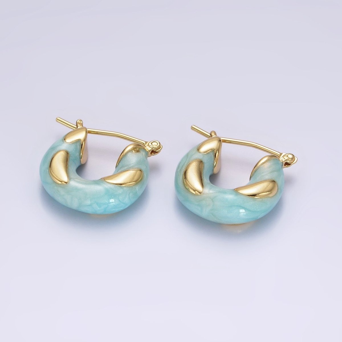 14K Gold Filled White, Blue, Purple, Pink, Green Enamel Curved Line Chubby Latch Hoop Earrings | V-234 - V-237