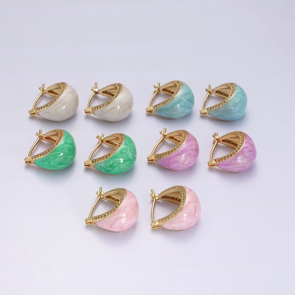 14K Gold Filled White, Blue, Purple, Pink, Green Enamel Micro Paved CZ Dome Latch Hoop Earrings | V-229 - V-232