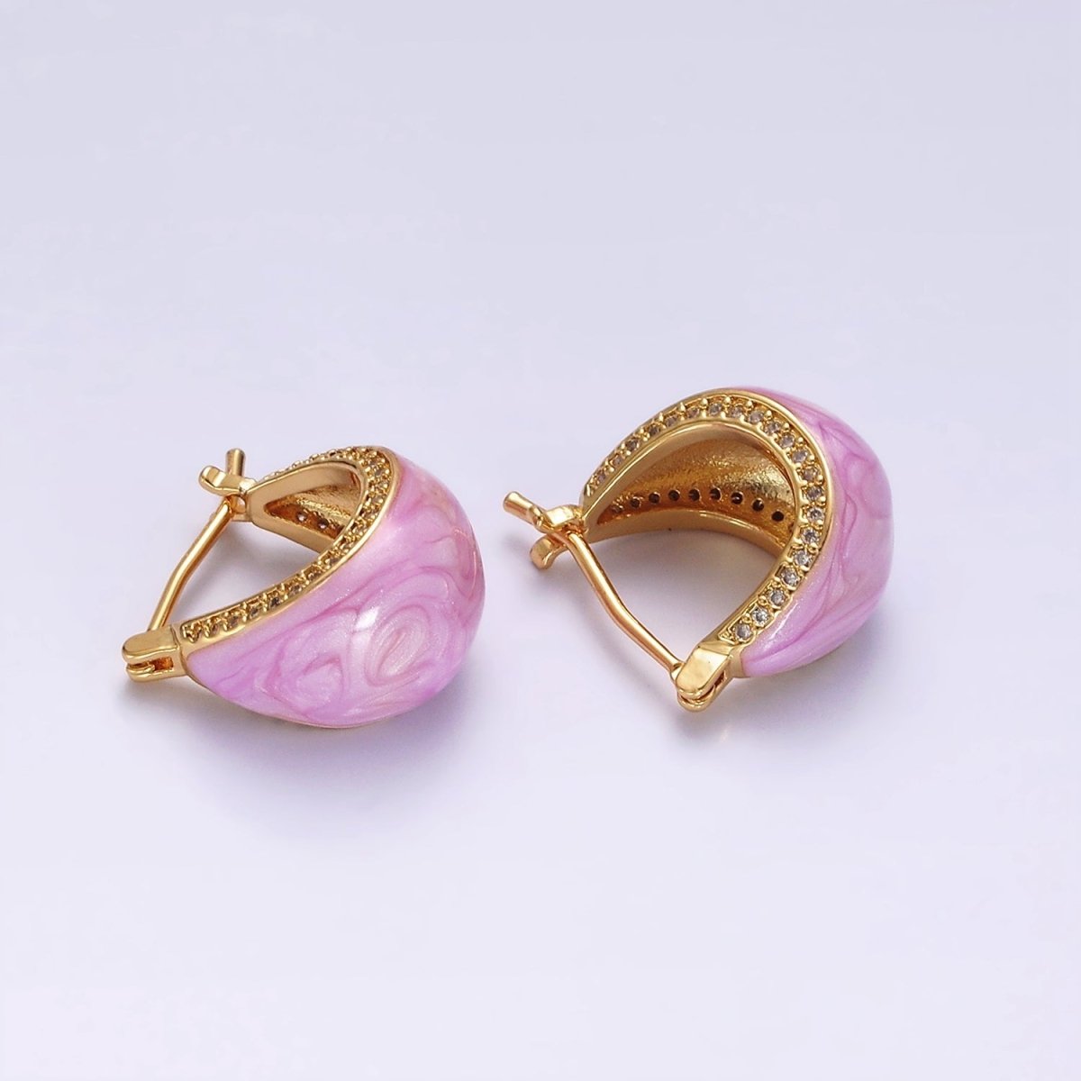 14K Gold Filled White, Blue, Purple, Pink, Green Enamel Micro Paved CZ Dome Latch Hoop Earrings | V-229 - V-232