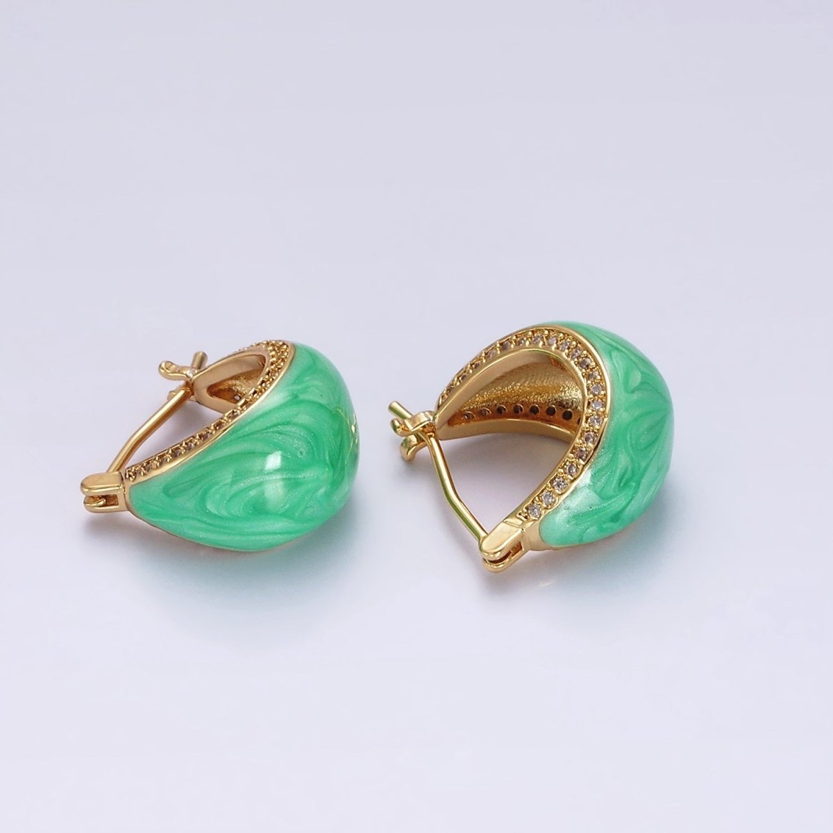 14K Gold Filled White, Blue, Purple, Pink, Green Enamel Micro Paved CZ Dome Latch Hoop Earrings | V-229 - V-232