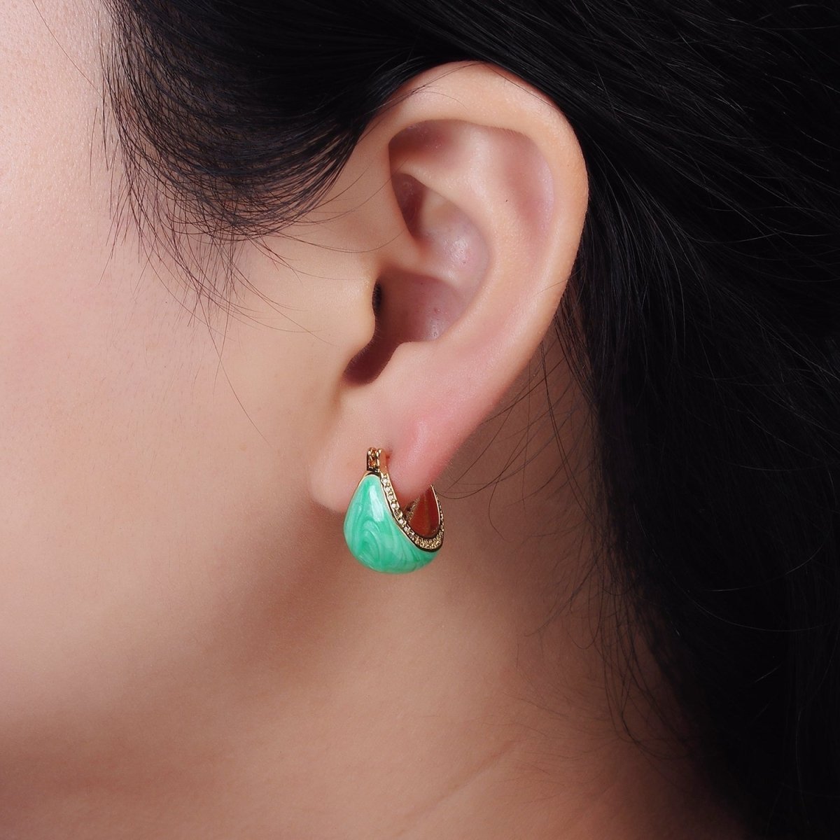 14K Gold Filled White, Blue, Purple, Pink, Green Enamel Micro Paved CZ Dome Latch Hoop Earrings | V-229 - V-232