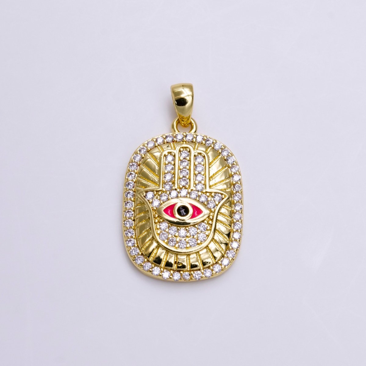 14K Gold Filled White, Blue, Red, Purple, Pink Enamel Evil Eye Micro Paved CZ Hamsa Hand Lined Pendant | AA557 - AA561