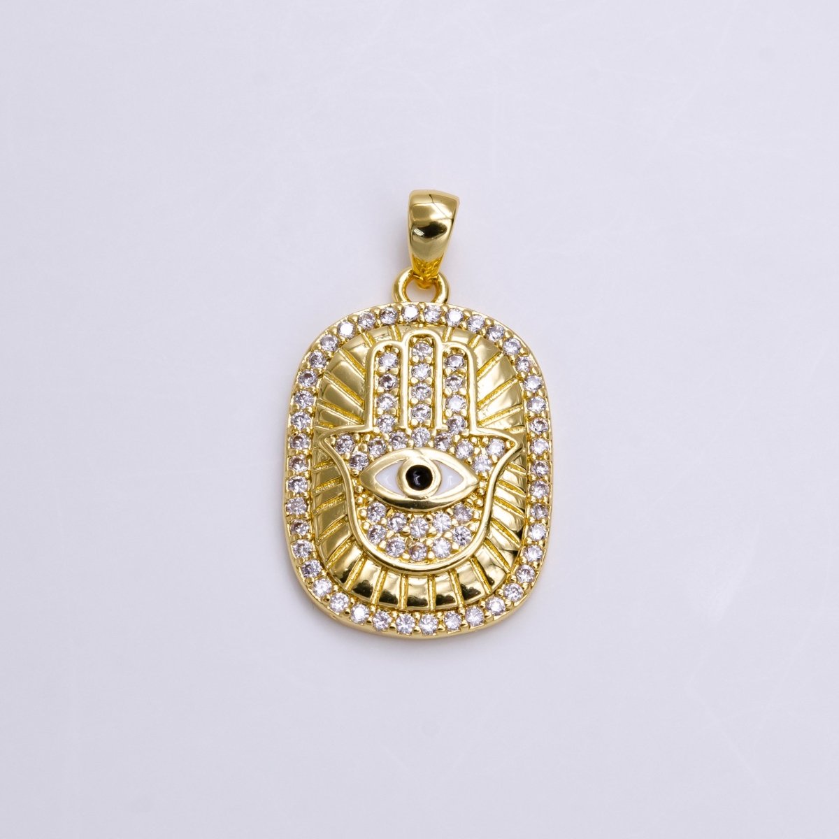 14K Gold Filled White, Blue, Red, Purple, Pink Enamel Evil Eye Micro Paved CZ Hamsa Hand Lined Pendant | AA557 - AA561