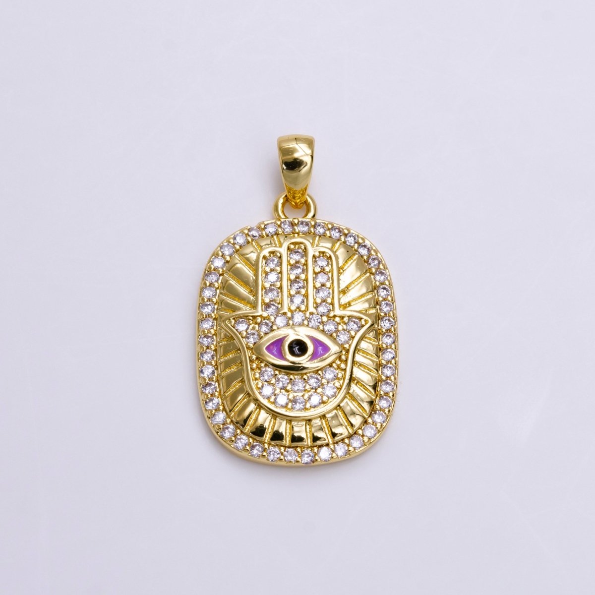 14K Gold Filled White, Blue, Red, Purple, Pink Enamel Evil Eye Micro Paved CZ Hamsa Hand Lined Pendant | AA557 - AA561