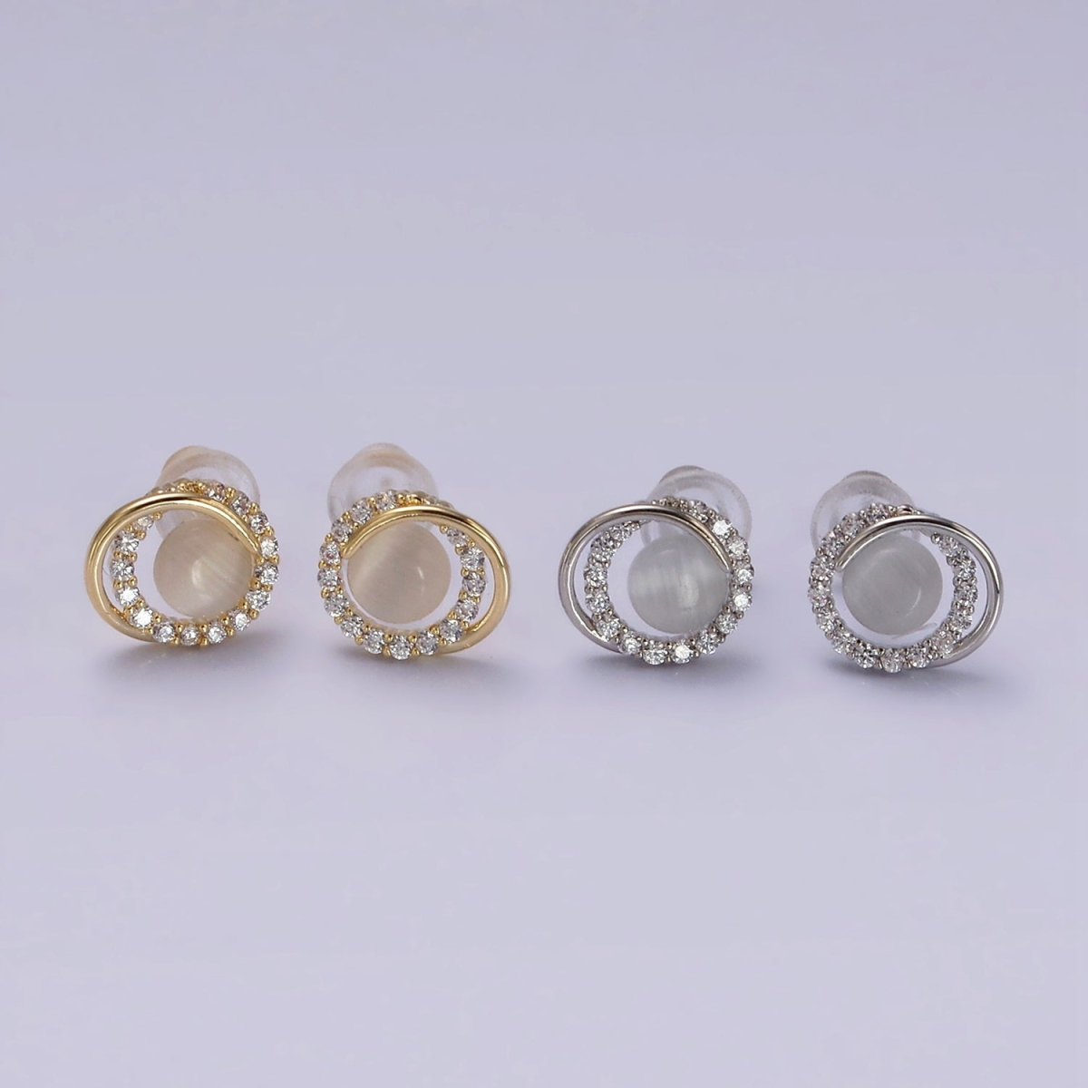14K Gold Filled White Cat's Eye Double Micro Paved Circular Band Stud Earrings in Gold & Silver | V262
