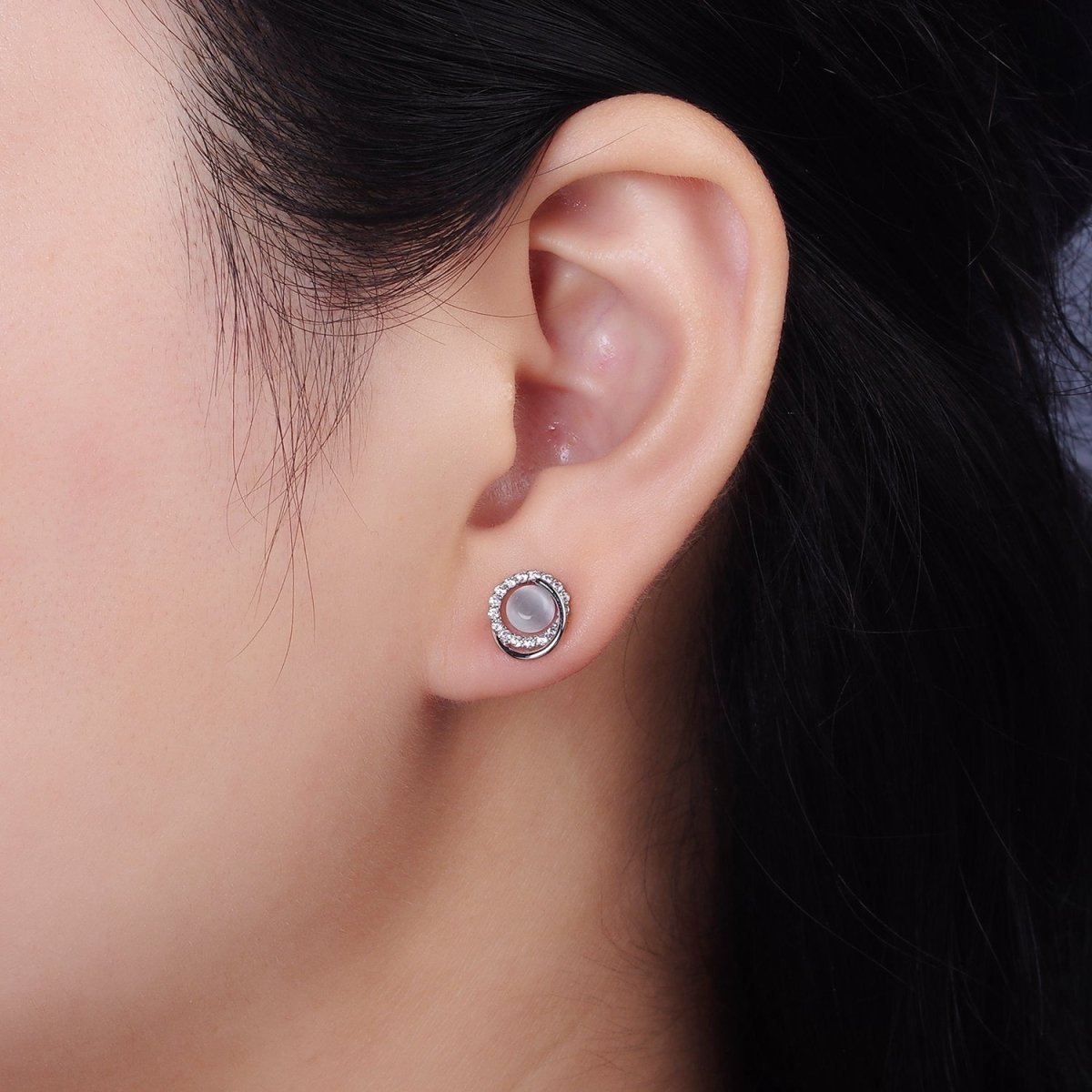 14K Gold Filled White Cat's Eye Double Micro Paved Circular Band Stud Earrings in Gold & Silver | V262