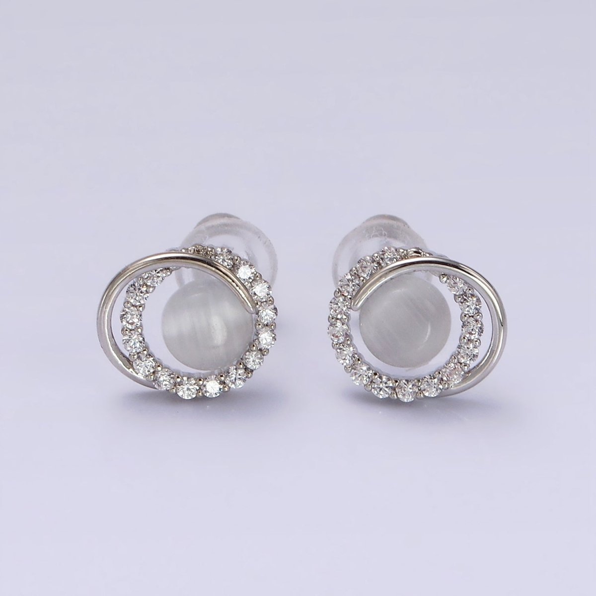 14K Gold Filled White Cat's Eye Double Micro Paved Circular Band Stud Earrings in Gold & Silver | V262