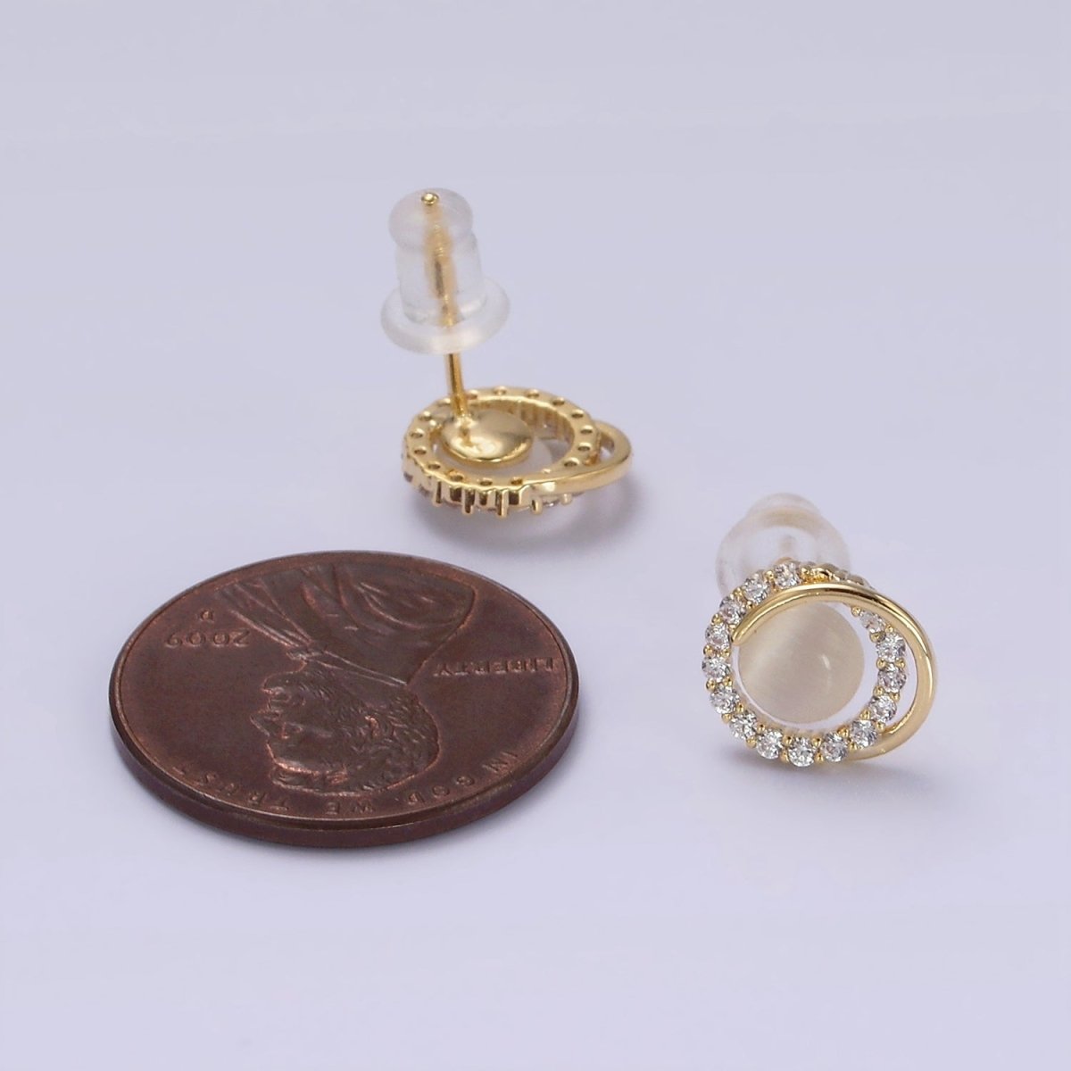 14K Gold Filled White Cat's Eye Double Micro Paved Circular Band Stud Earrings in Gold & Silver | V262