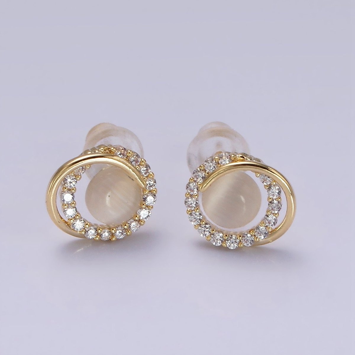 14K Gold Filled White Cat's Eye Double Micro Paved Circular Band Stud Earrings in Gold & Silver | V262