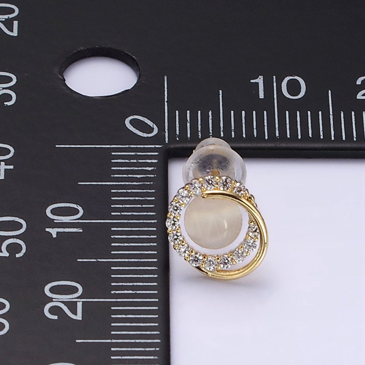 14K Gold Filled White Cat's Eye Double Micro Paved Circular Band Stud Earrings in Gold & Silver | V262
