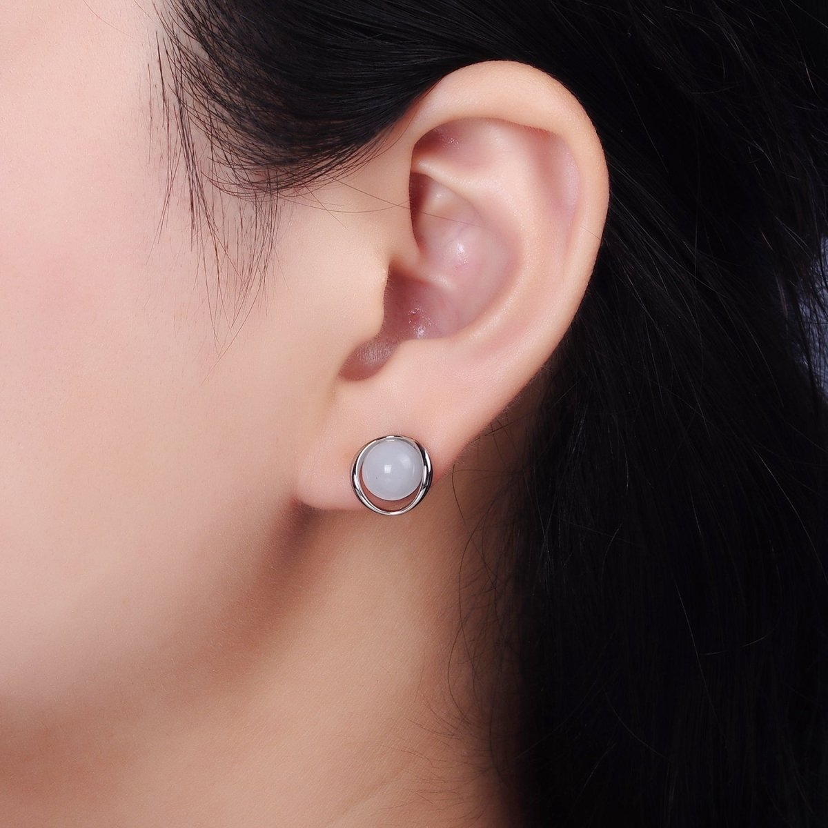 14K Gold Filled White Cat's Eye Open Round Stud Earrings in Gold & Silver | V280