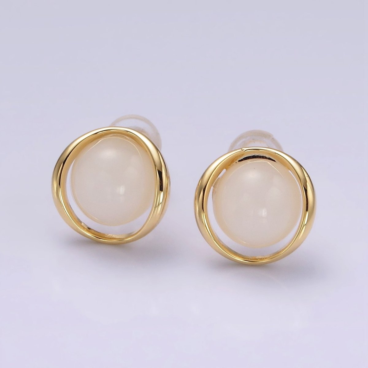 14K Gold Filled White Cat's Eye Open Round Stud Earrings in Gold & Silver | V280