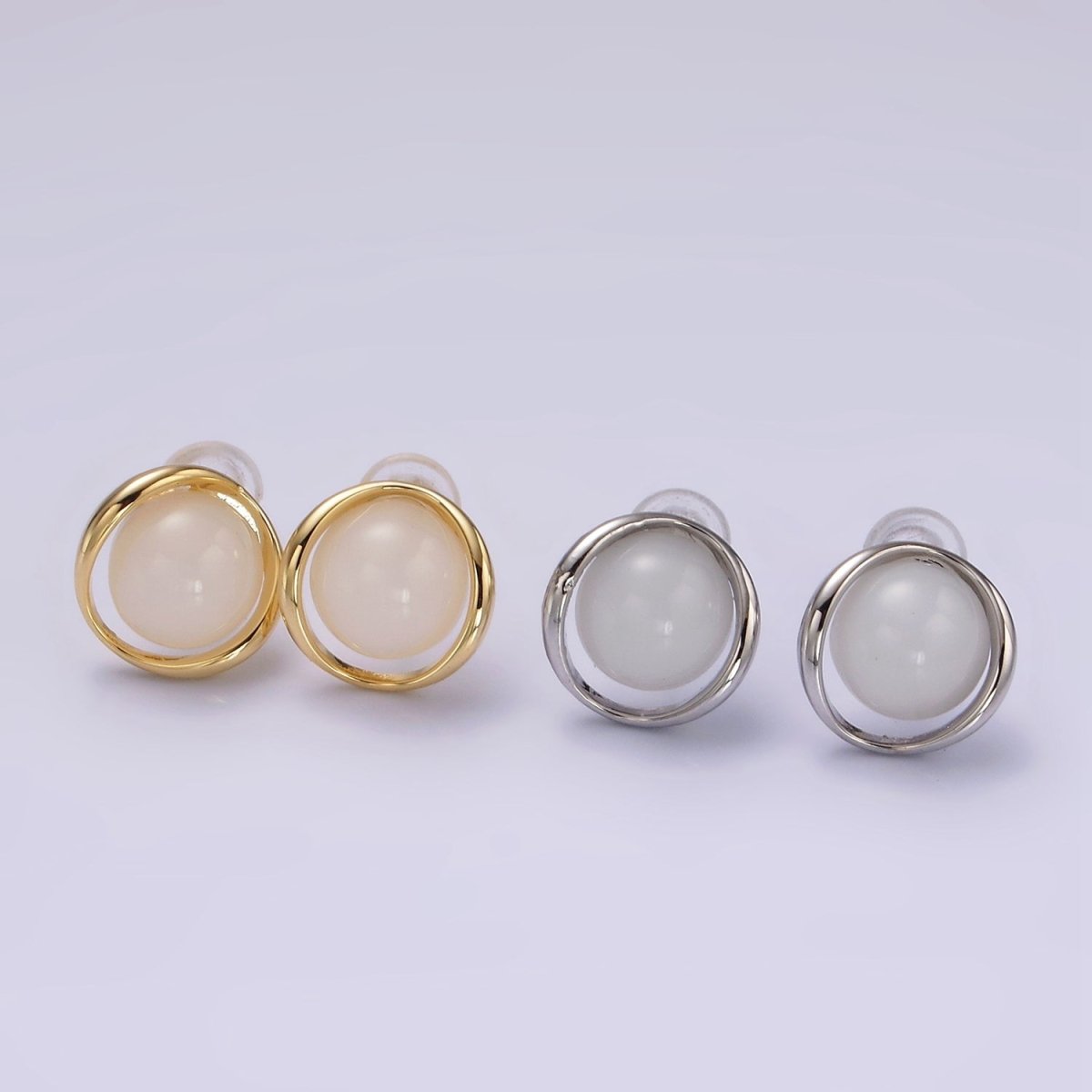 14K Gold Filled White Cat's Eye Open Round Stud Earrings in Gold & Silver | V280