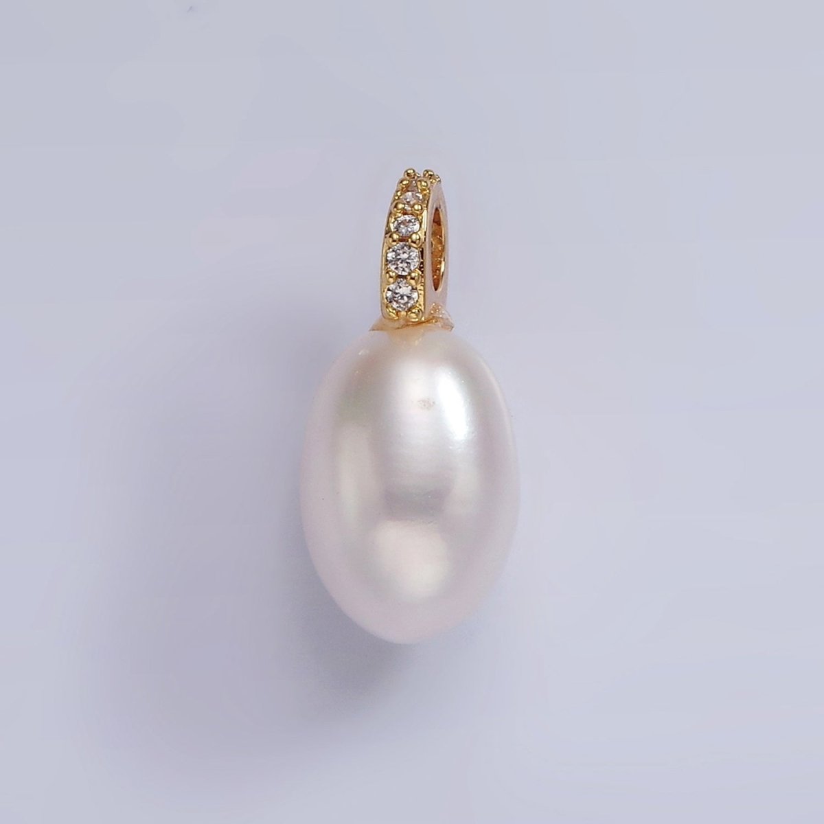 14K Gold Filled White Freshwater Pearl Oval Micro Paved CZ Bail Drop Pendant | P1657