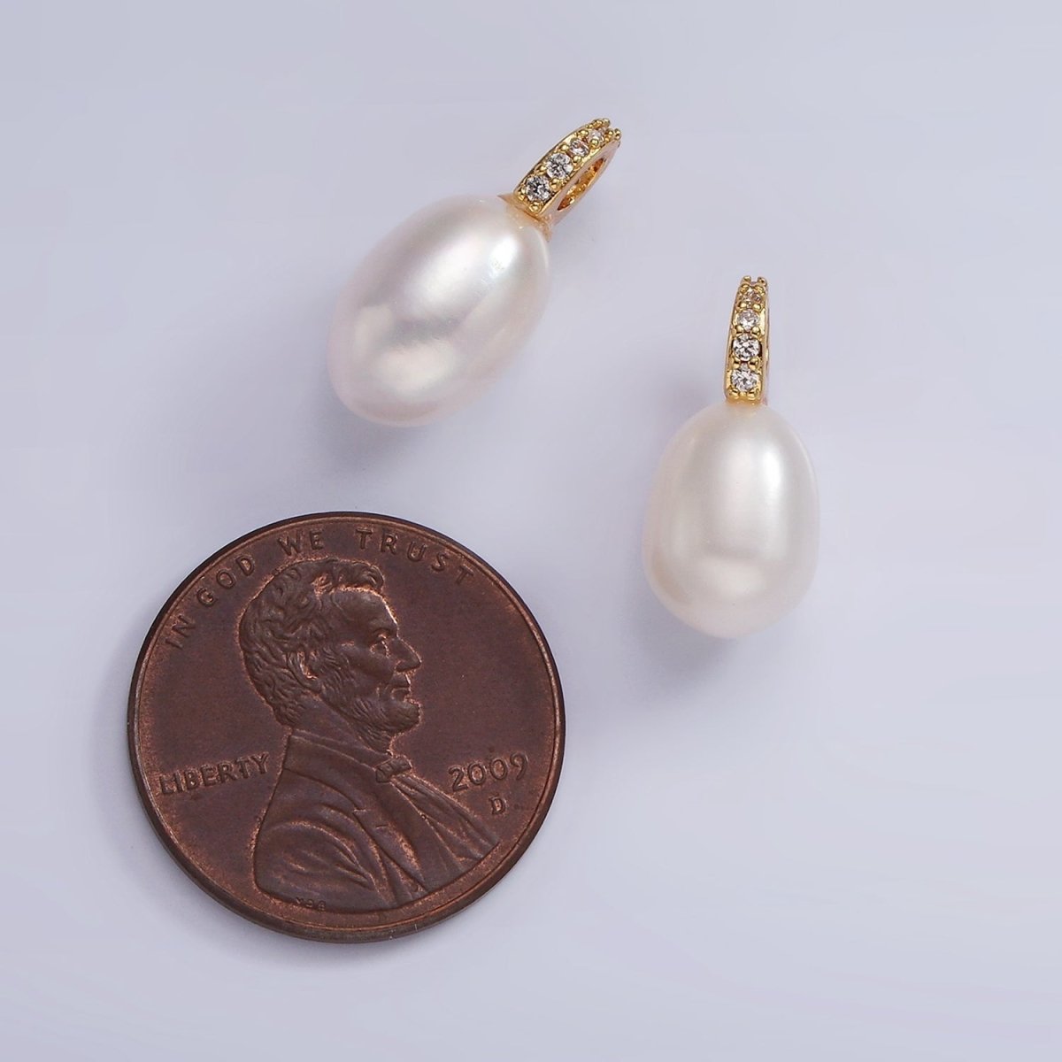 14K Gold Filled White Freshwater Pearl Oval Micro Paved CZ Bail Drop Pendant | P1657
