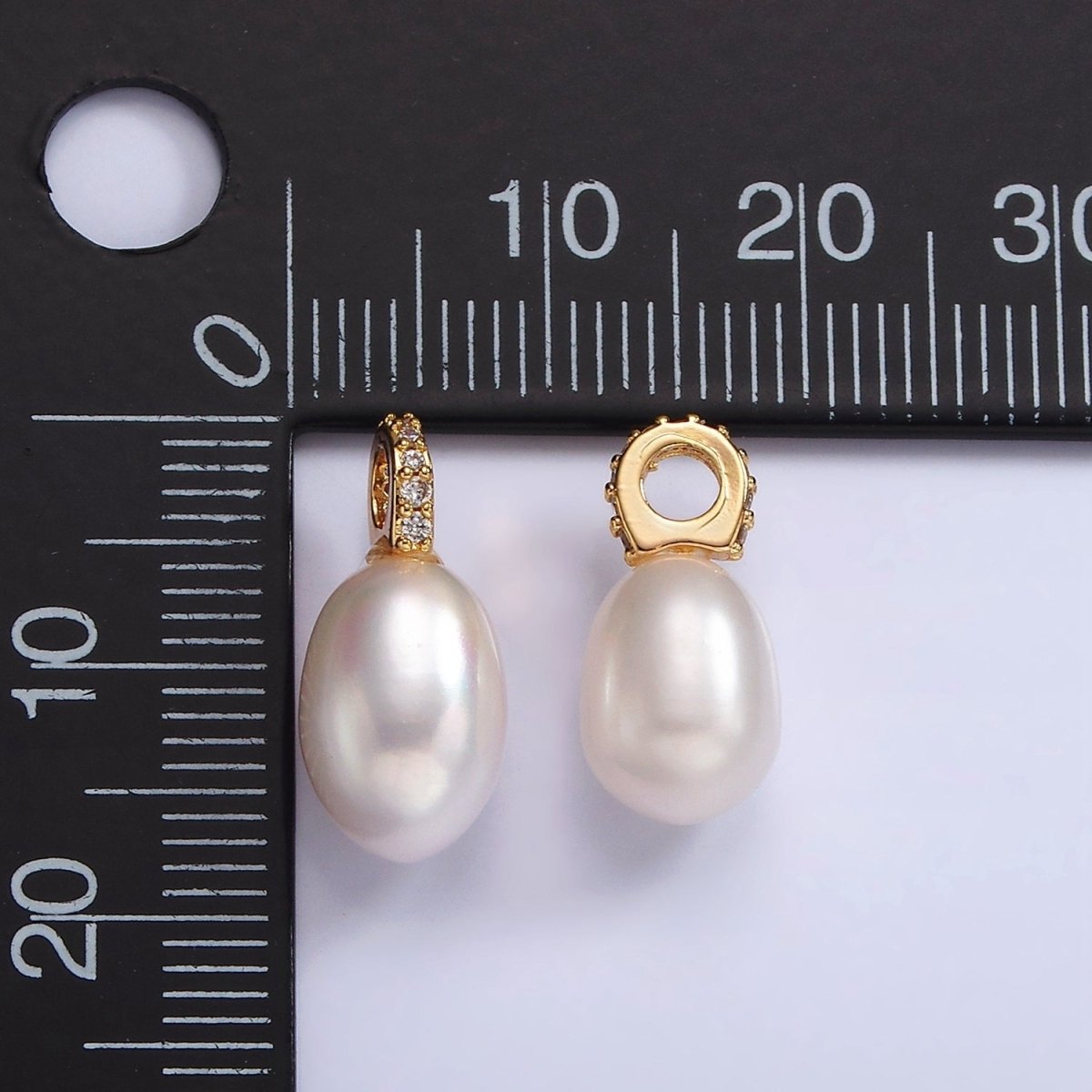 14K Gold Filled White Freshwater Pearl Oval Micro Paved CZ Bail Drop Pendant | P1657
