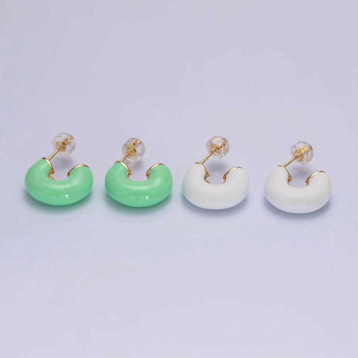 14K Gold Filled White, Green Enamel 22.5mm Chubby C-Shaped Hoop Earrings | AE858 AE859