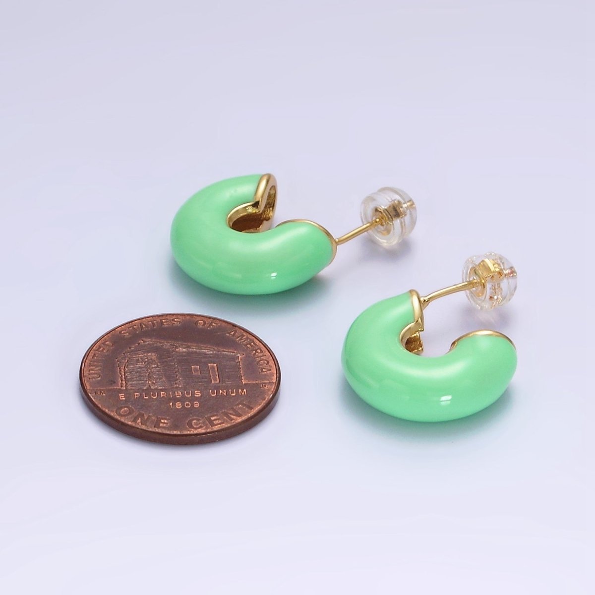 14K Gold Filled White, Green Enamel 22.5mm Chubby C-Shaped Hoop Earrings | AE858 AE859