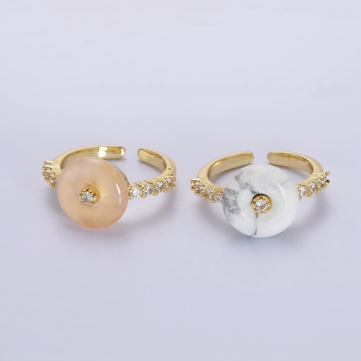 14K Gold Filled White Howlite, Orange Cats Eye Donut Micro Paved Ring | O-584 O-585