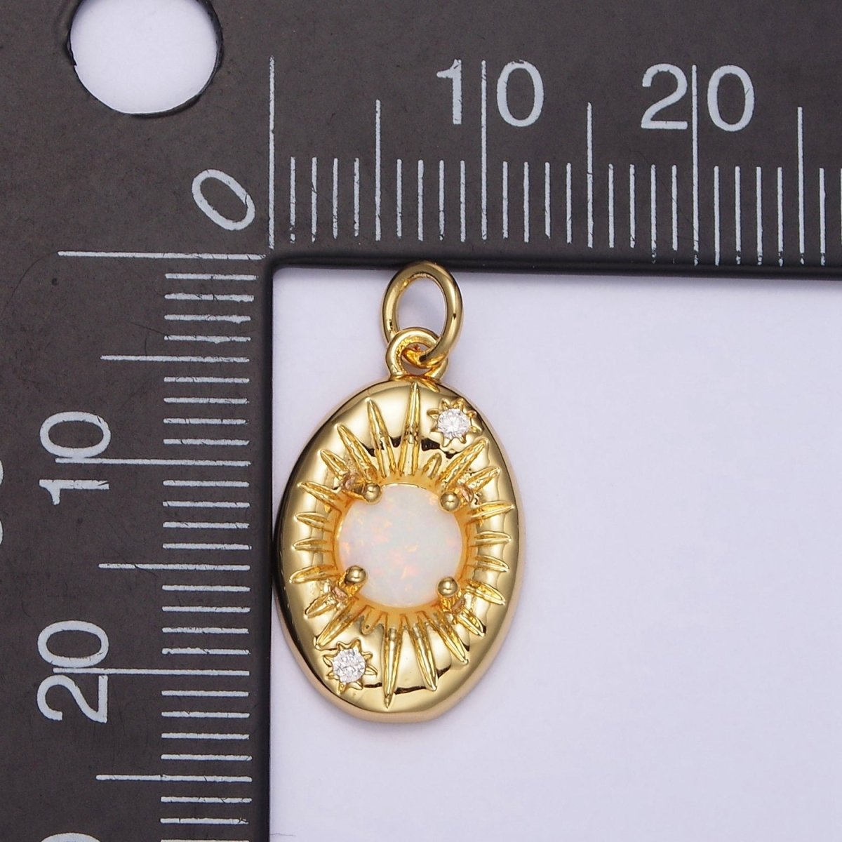 14K Gold Filled White Opal Lined Celestial Sun CZ Oval Charm | N992