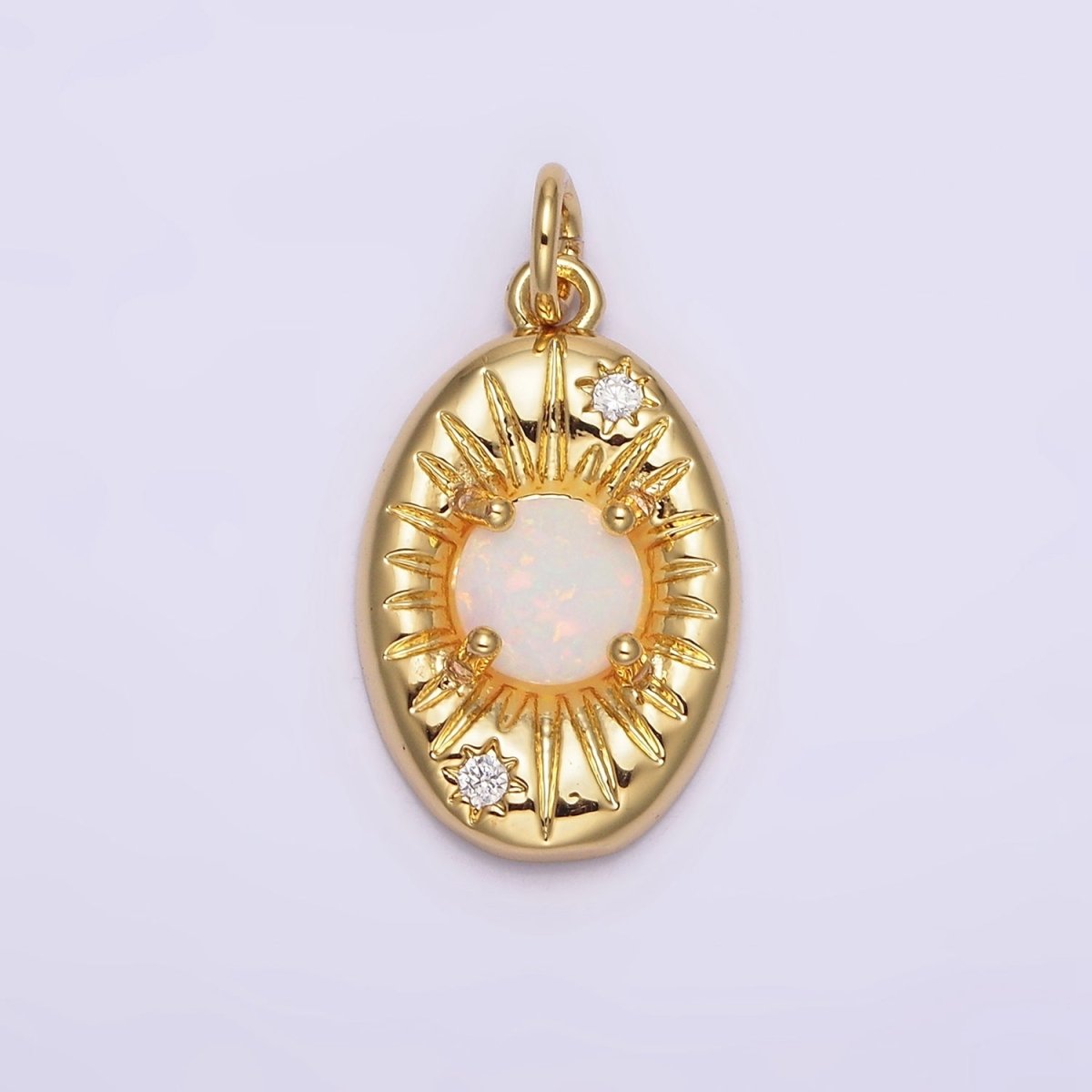 14K Gold Filled White Opal Lined Celestial Sun CZ Oval Charm | N992