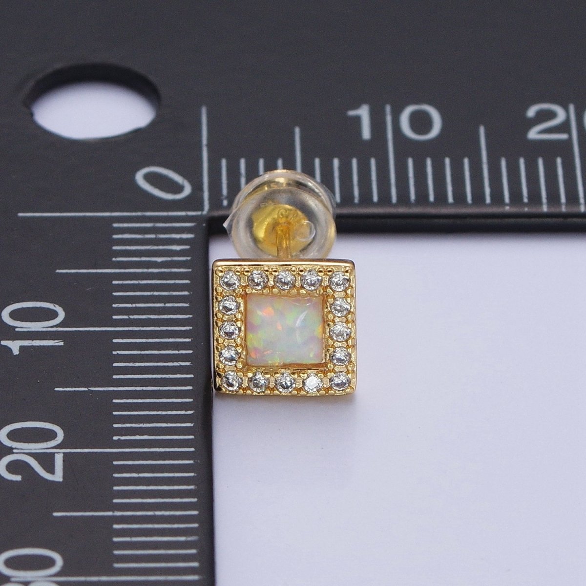14K Gold Filled White Opal Micro Paved CZ Square Stud Earrings | AD-090