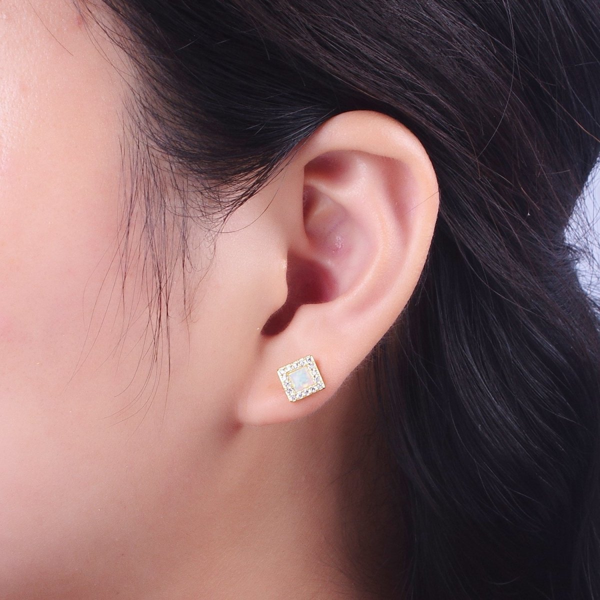 14K Gold Filled White Opal Micro Paved CZ Square Stud Earrings | AD-090