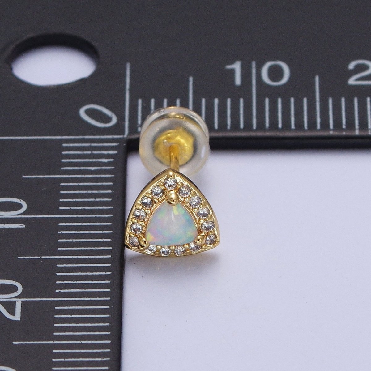 14K Gold Filled White Opal Micro Paved CZ Triangle Stud Earrings | AD-086